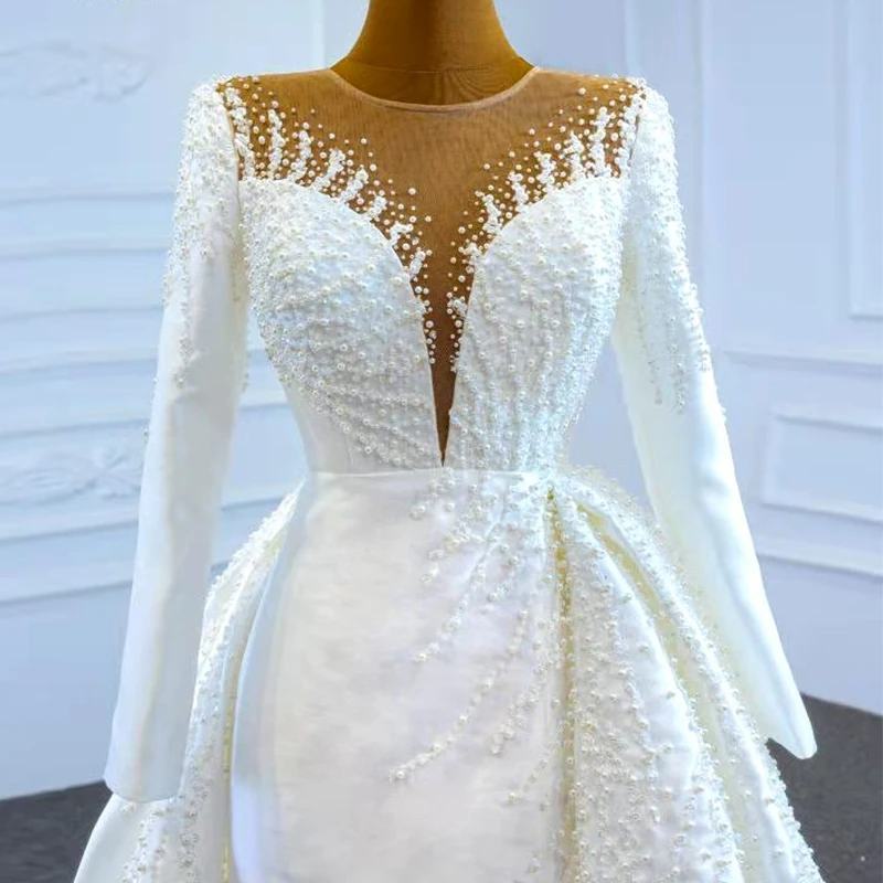 J67215 White Attractive Sexy Deep V-Neck Long Sleeves Pearls Wedding Dress 2020 Sequined Beading A-Line 6