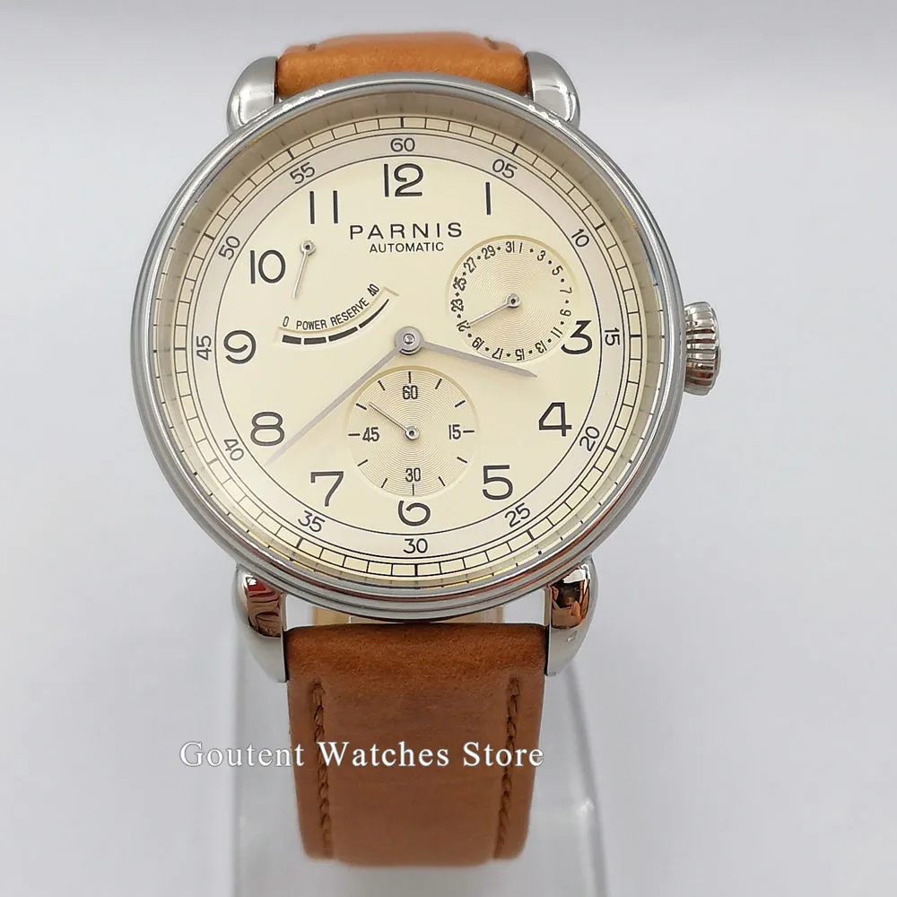 

Men's Watch 42mm PARNIS Beige dial Watch Classic Power Reserve Indicator automatic male watch