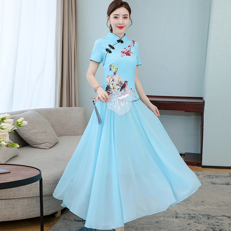 Женское платье Ципао 2020 костюм из двух предметов летняя рубашка с короткими