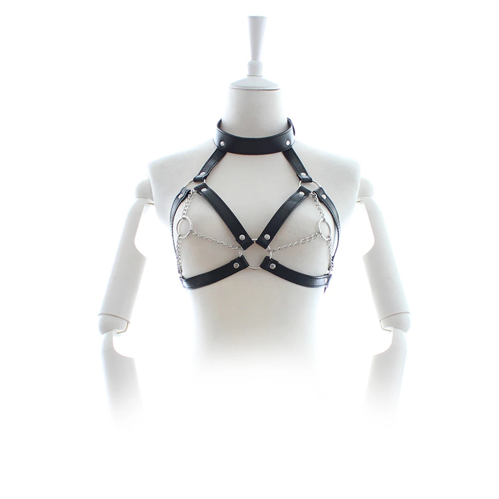 Sexy Black Leather Gothic Cage Bra with Metal Rings and Chain Body Harness Bralette Strap Costume Lingerie for Women