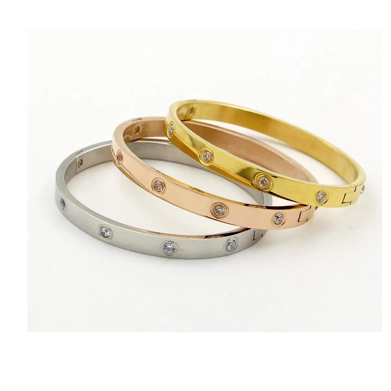 Luxury Brand Stainless Steel Lovers Crystal Cuff Bracelets For Women Fashion Bangle Titanium Zirconia Golden Female Jewelry Gift