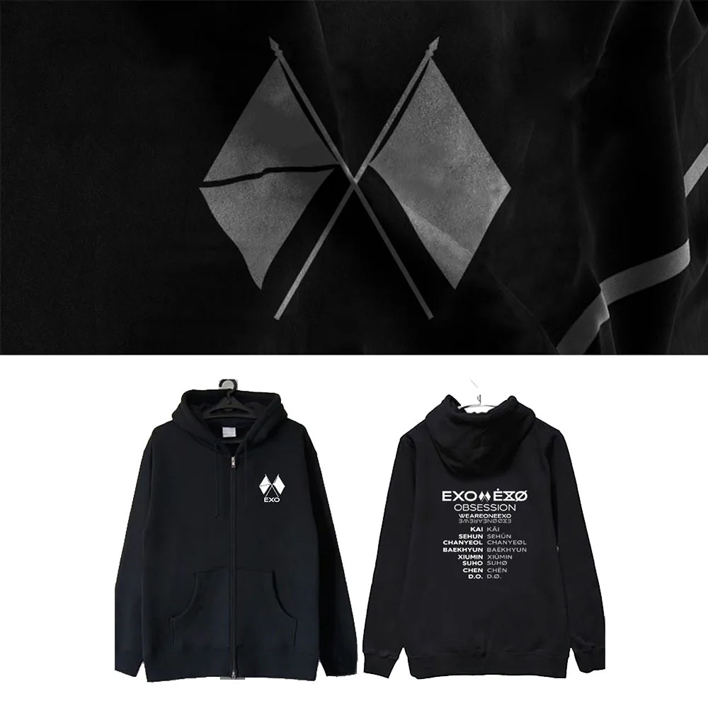 Kpop EXO OBSESSION Same Hoody толстовка на молнии CHANYEOL BAEKHYUN Same унисекс осень зима пальто с длинным рукавом Верхняя одежда Топы