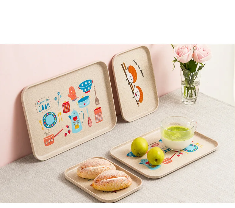 Rice Husk Wheat Fiber Cartoon Thick Tray Tea Set Tea Tray Washing Vegetable Basket Table Take Plate Draining Shelf