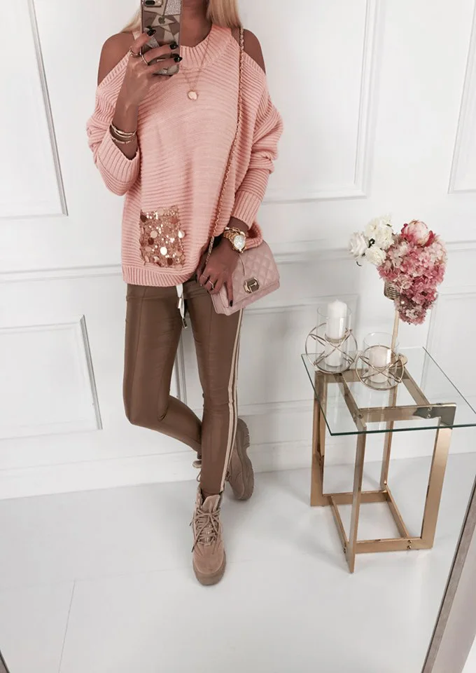Pink VITIANA, Женская Повседневная футболка, осень, женская сексуальная Лоскутная рубашка с блестками и карманами, длинный рукав, с открытыми плечами, свободная футболка, женские топы - Цвет: Pink