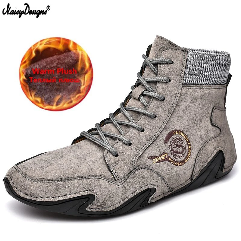 

Noisydesigns Men Snow Boots Winter Plush Warm Men Motorcycle Boots Lace -up Non-slip Male Ankle Boots Shoes Round Toe Canvas