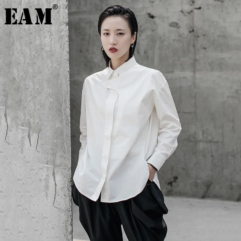  [EAM] Women White Split Joint Temperament Blouse New Lapel Long Sleeve Loose Fit Shirt Fashion Tide