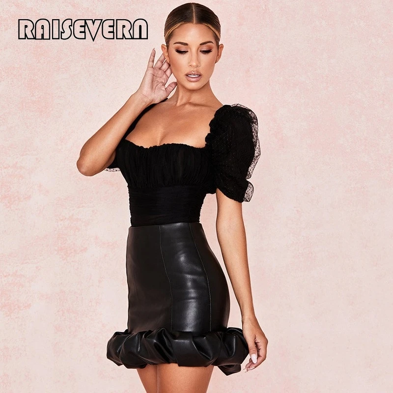 PU Leather Women Bud Skirt Ruffled High Waist Female Mini Skirt Streetwear Elegant Lady Hips Club Wear Ladies Short Skirt