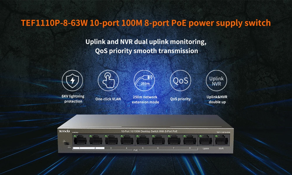 Tenda TEF1110P-8-63W Ethernet сетевой коммутатор Gigabit 8-Порты и разъёмы, 250 м дальнее расстояние стабильный PoE Питание, подключи и играй, Uplink NVR Порты и разъёмы