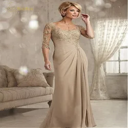 Elegant Champagne Mother Of The Bride Dresses V-Neck Plus Size Half Sleeves Beaded Lace Chiffon Ladies Evening Gowns