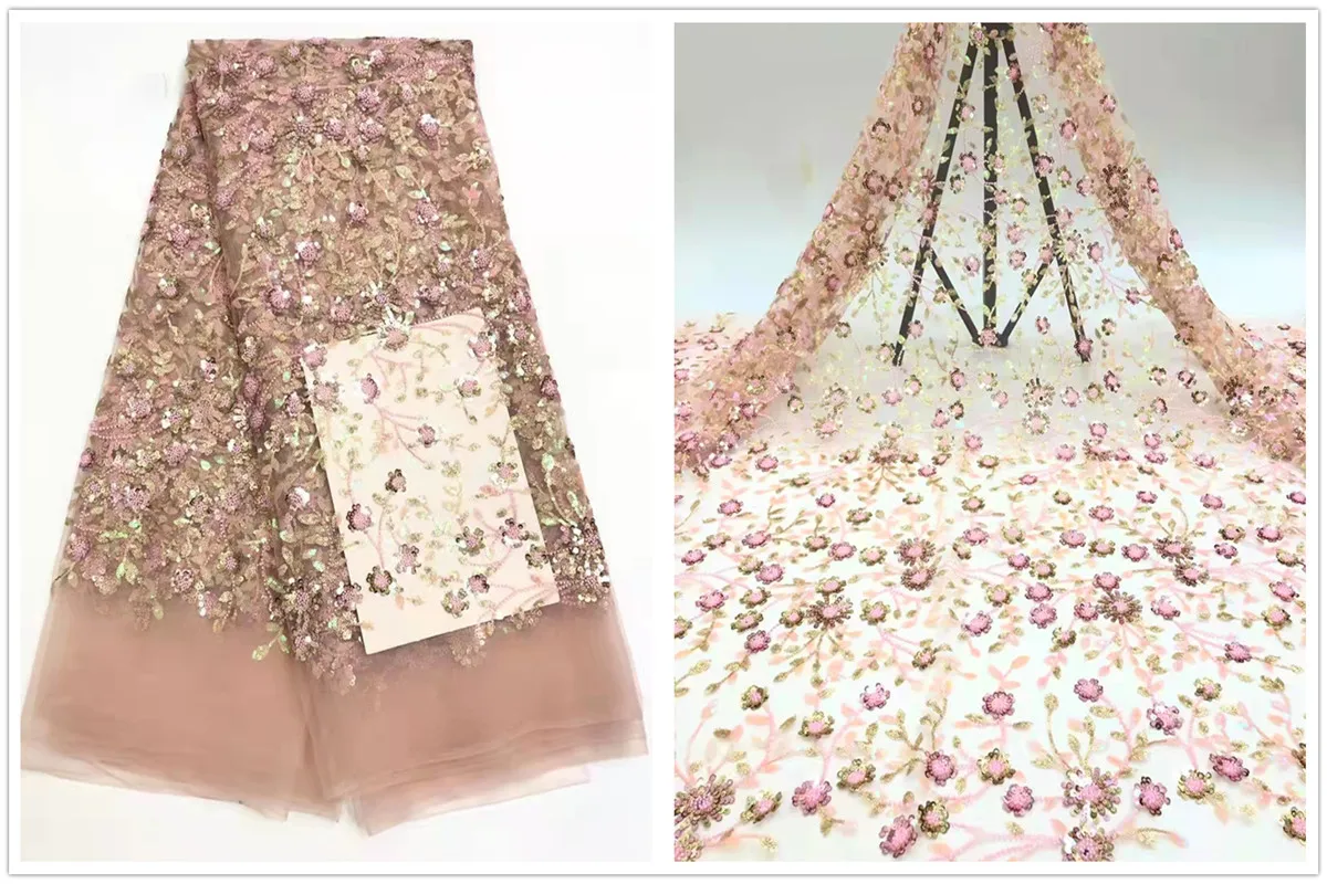 

Beautiful sequin+bead embroidered French tulle net fabric Soft /Elegant African sequins lace For Wedding Evening dresses 5 yards
