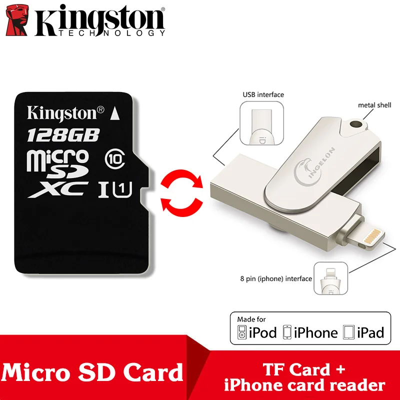 TF128-R005-Reader Kingston Microsd 8 ГБ 16 ГБ 32 ГБ 64 Гб 128 ГБ 256 Гб карта памяти класс 10 SDHC TF карта с адаптером/ридером для iphone и ноутбука - Емкость: TF128-R005-Reader