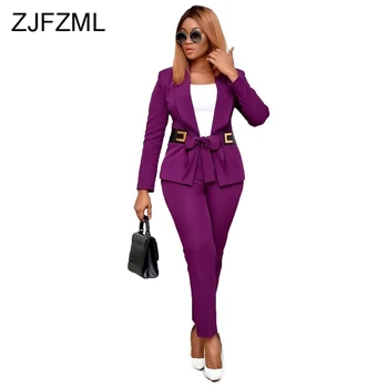 

Solid Office Lady 2 Piece Set Womens Outfits Notched Long Sleeve Bow Sashes Blazer + High Waist Straight Pants Winter Tracksuit