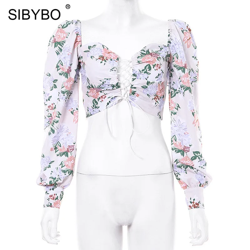 SIBYBO, цветочный принт, шнуровка, сексуальный укороченный топ, женский, длинный рукав, полый, тонкий, осенняя футболка, Женская повязка, повседневные, женские топы