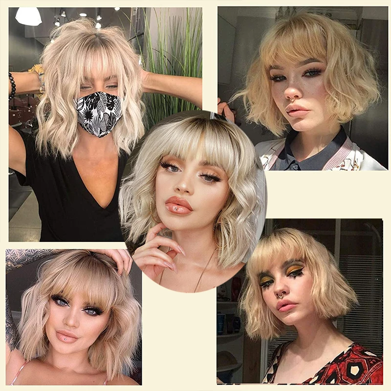 Short Ombre Blonde Wigs Wavy Bob Wig with Air Bangs Women's Synthetic Curly Pastel Bob Wig for Girl Colorful Cosplay Wigs