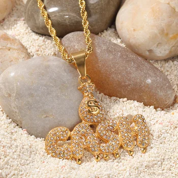 

Trendy Hip-hop Fashion $ Wallet Cash Drop Crystal Iced Out Letter Pendant Stainless Steel Necklaces For Women Men Charm Jewelry