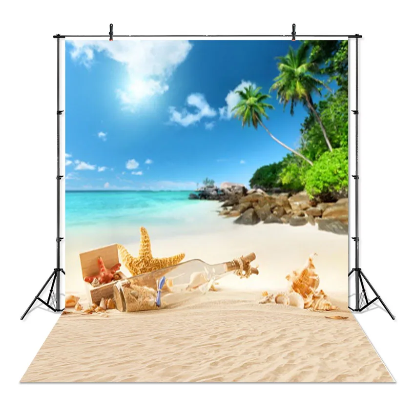 Sea Beach Sand Cloudy Blue Sky Scene Summer Beach Photography Backdrop Photo Studio Tropical Palms Coconut Tree Background Photo backdrop Photo wallpaper