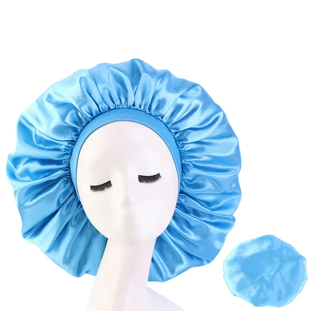 New Women Big Size Beauty print Satin Silky Bonnet Sleep Night Cap Head Cover Bonnet Hat for For Curly Springy Hair Black 405A Lake blue