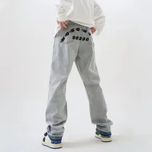 

Vintage Wash light color printing design jeans men's fashion brand American high street hip hop loose straight pants PD
