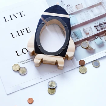 

1PCS Money Banking INS Wooden Coin Piggy Bank Saving Box Birthday Baby Shower Party Home Table Decor Cute Rocket Toy Kids Gift