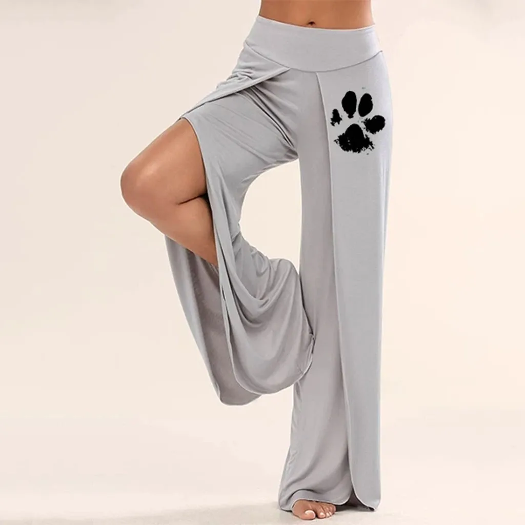 Dog's paw wide leg side slit flowy yoga pants Clearance
