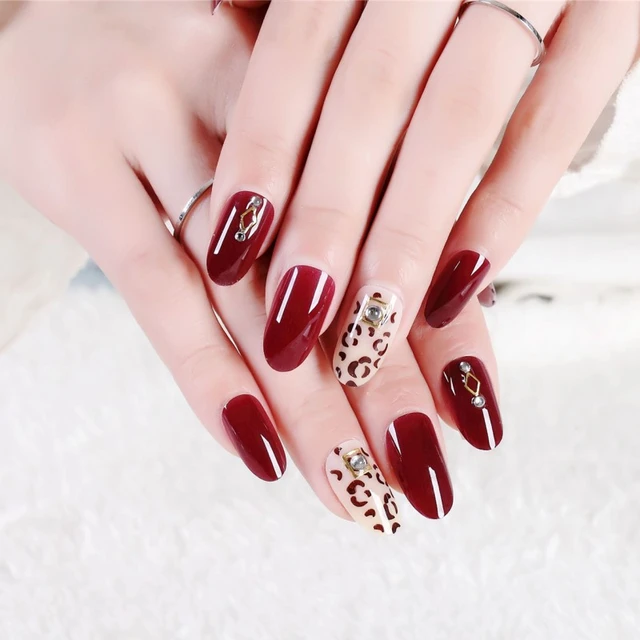 Uñas postizas rojas de leopardo, uñas acrílicas de cobertura completa,  óvalo brillante, bonitas, para mujeres y niñas - AliExpress