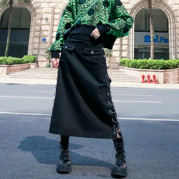 

Women Black Denim Skirt with Rings Sequin Decorate Fashion New 2020 Spring Autumn High Waist Pocket Punk Long Loose Female Skirt