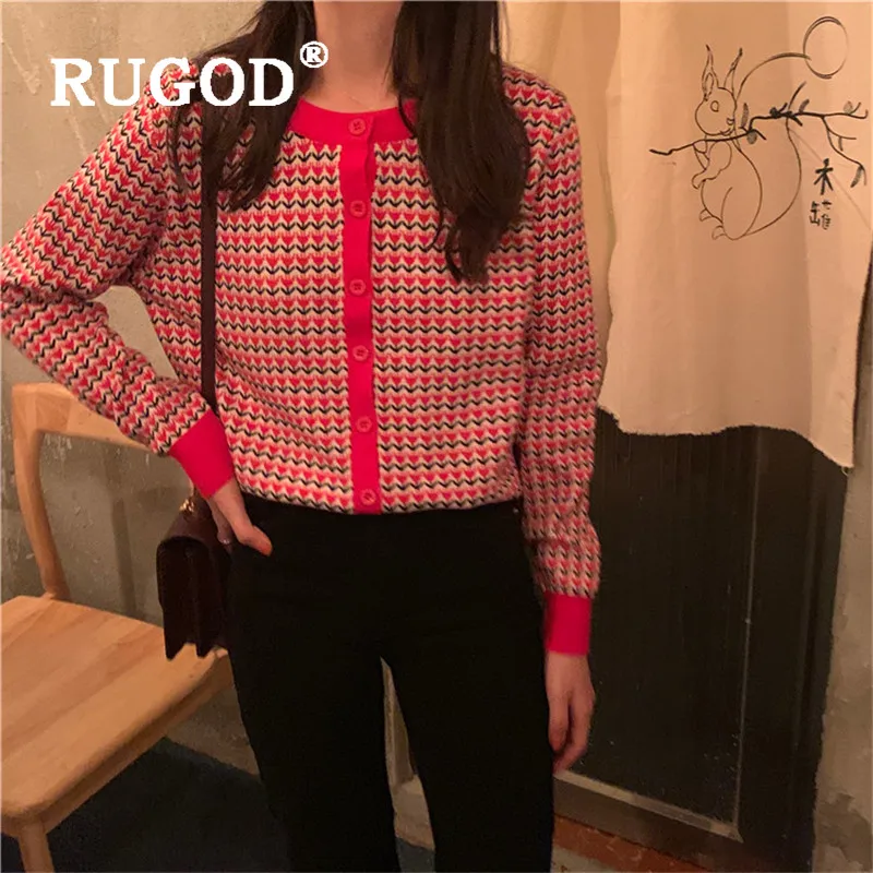 RUGOD женский вязаный кардиган с цветочным принтом, круглый вырез, длинный рукав, однобортный тонкий свитер, корейское милое винтажное пальто