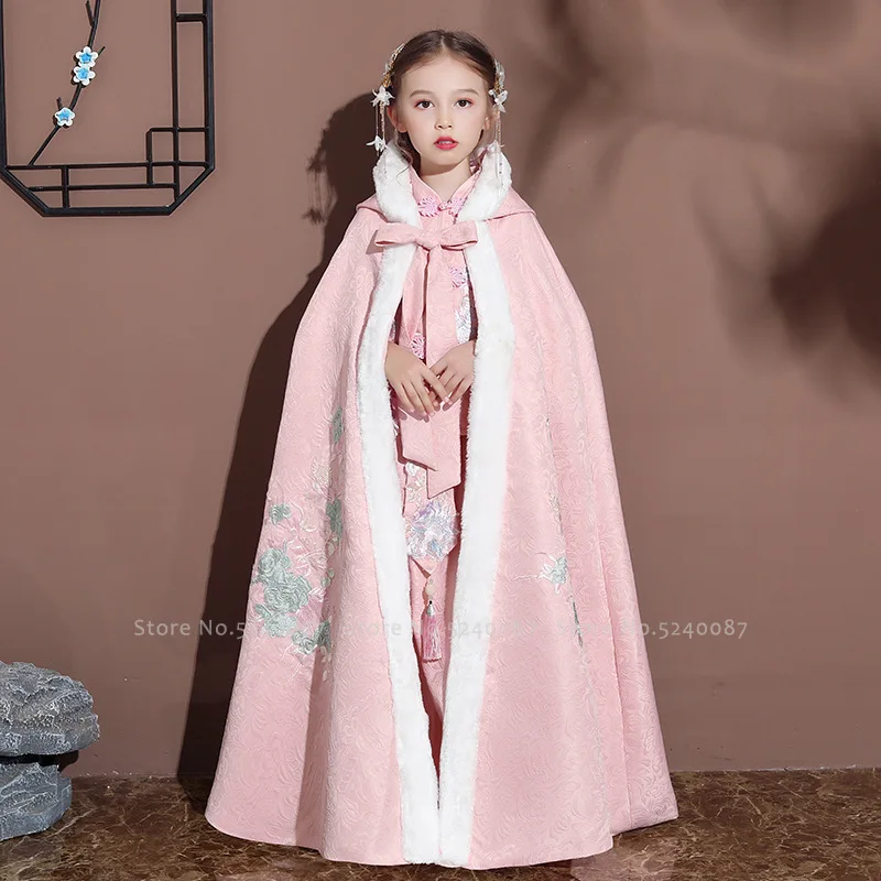 

Chinese Traditional Baby Girls Embroidery Cloak Hanfu Children Princess Formal Dress Kids Ancient Style Coats Fur Hooded Capes