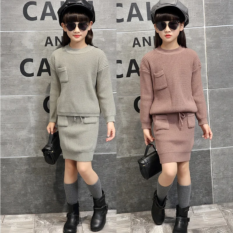 Модное стильное платье для девочек; новые платья принцессы; детские вязаные свитера с рисунком медведя для девочек; Униформа+ вязаное короткое платье; костюм для девочек