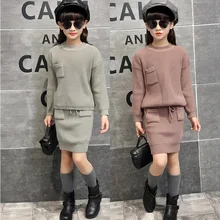 Модное стильное платье для девочек; новые платья принцессы; детские вязаные свитера с рисунком медведя для девочек; Униформа+ вязаное короткое платье; костюм для девочек