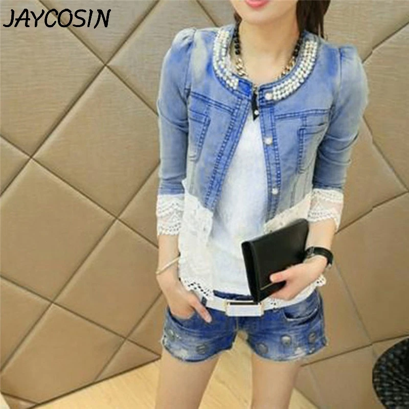 

JAYCOSIN Plus Size Women Denim Coat Lace Half Sleeve O-Neck Cowboy Jacket Women Coats Female Buttons Bead Jeans Jacket Outwear