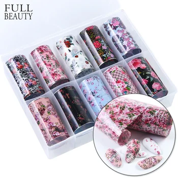 

10pcs Flower Transfer Foil Set Nail Foils Transfer Decals Wrap Sticker New Design Black Base Manicure Slider DIY Tips CHXKH40-65