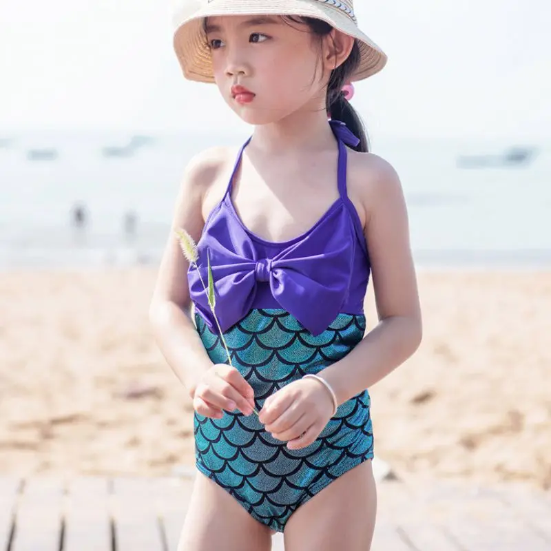 

Summer Baby Girls Swimsuit Children's Fish Scale Print Bow Sleeveless Bodysuit Hair Band Two-Piece Girls Swimming Swimwear
