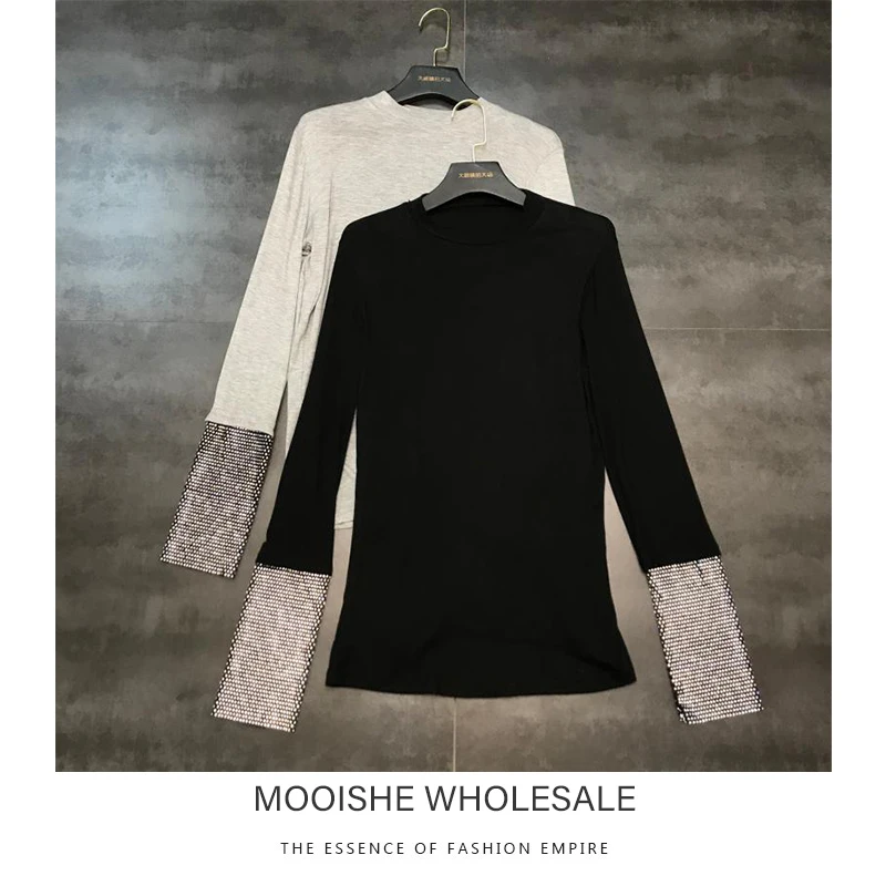Mooishe Spring Women T Shirt Long Sleeve Patchwork Full Diamond Black Gray Tops Tee | Женская одежда