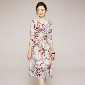 

2020 Summer Real Silk Women Dresses Elegant Fashion V-neck Half Sleeve Vintage Print 100% Natural Silk Loose Lady Casual Dress