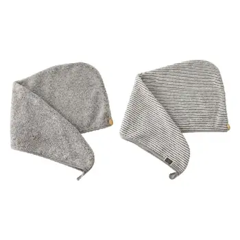 

Bamboo Microfiber Hair Towel Wrap Gray Striped Quick Drying Shower Turban Cap with Button Super Absorbent Anti-Frizz Bath Hat fo