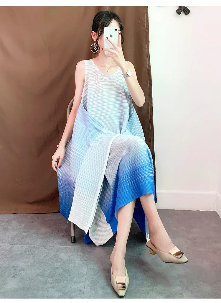 Miyake/плиссированное платье градиентного цвета, дизайн, повседневный свободный с принтом, платье, летние платья длиной до щиколотки с круглым вырезом, большие размеры