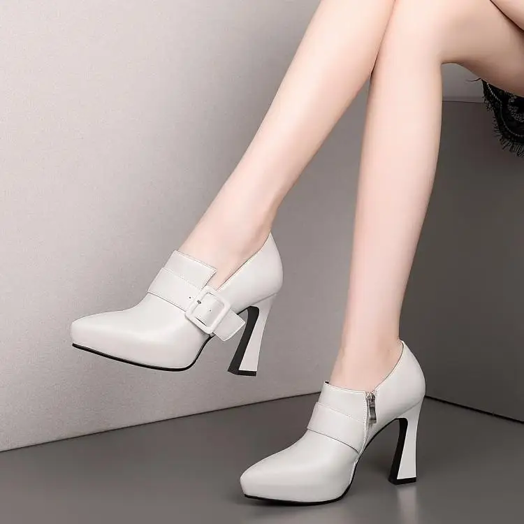 

Spring and autumn head layer leather waterproof belt buckle high heel thick heel side zipper women's bare boots 10cm