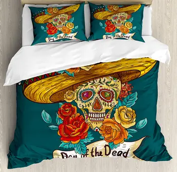 

Day Of The Dead Duvet Cover Set Mexican Festive Hat Skull with Roses Art Print Bedding Set Petrol Blue Turquoise Orange Marigold