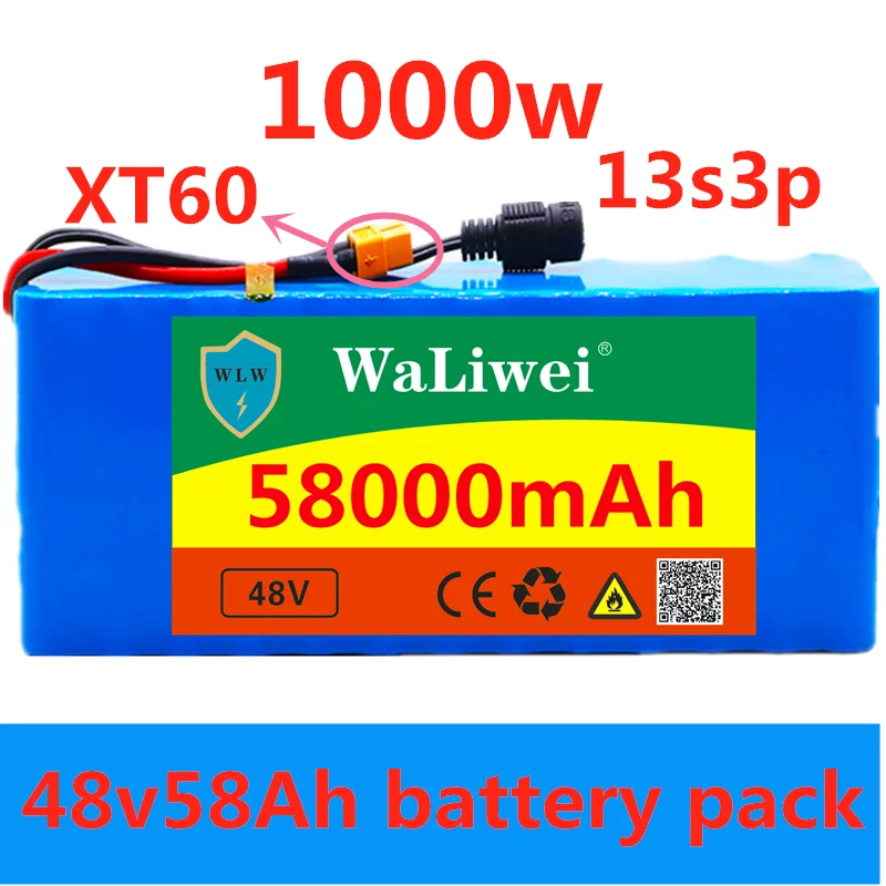 48v 58Ah большой capacity48v Батарея 1000w 13S3P комплект литий ионный батарей пакет для 54 6 v E