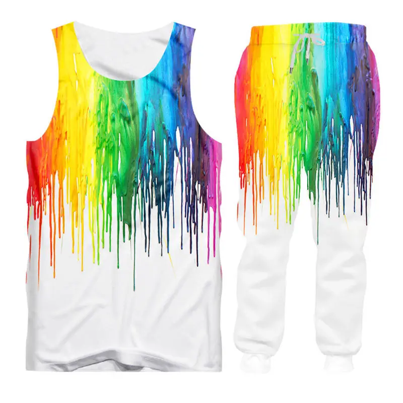 Custom S-7XL Mens Sets Rainbow Splash Print Hoodie Sweatshirt +Jogger Pants 2 Pcs Sets Unisex Casual Zipper Jackets Tee Tank Set (2)