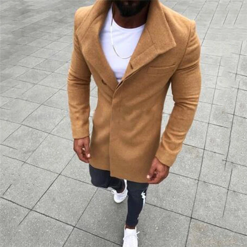 New Fashion Mens Wool Jacket Button Solid Color Long Sleeved Windbreaker Wool Coat Men Winter Coat Men Long Trench Coat Men