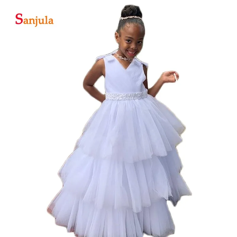 Tieres Skirt White Tulle Flower Girls Dresses V Neck Puffy Ball Gown