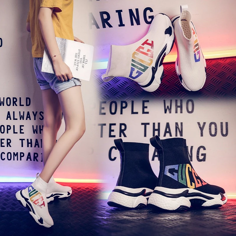 

Graffiti multicolor wedges fashion Socks boots sneakers Microfiber leisure Shoes Women walking footwears chaussures femme 2019