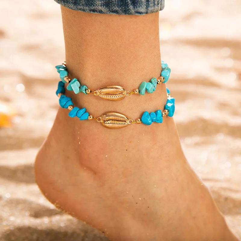 

HuaTang Bohemian Green Blue Stone Shell Bead Anklets For Women Adjustable Ankle Bracelet Boho Beach Anklets Jewelry Tobiller7078