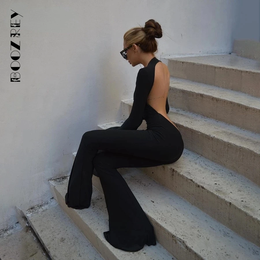 BoozRey Fall Black Sexy Backless Jumpsuits Women Casual Flare Pants Rompers Club Party Long Sleeves Outfits Overalls Bodysuits |