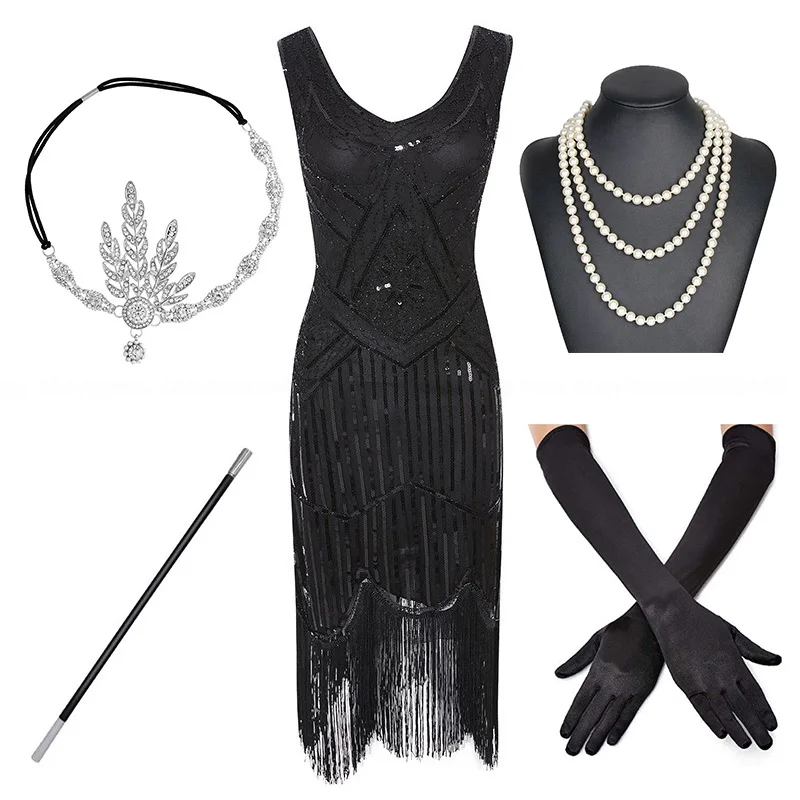 black-set 1920s размера плюс Гэтсби блесток бахромой платье Пейсли Арт Деко Хлопушка рукав платье с 20s аксессуары набор xs, s, l, m, xl, xxl - Цвет: black-set