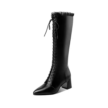 

Genuine leather lace up boots Woman high Heels Sexy Pointed Toe Knee High Boots Winter Newest Party Working Slim Long Shoes