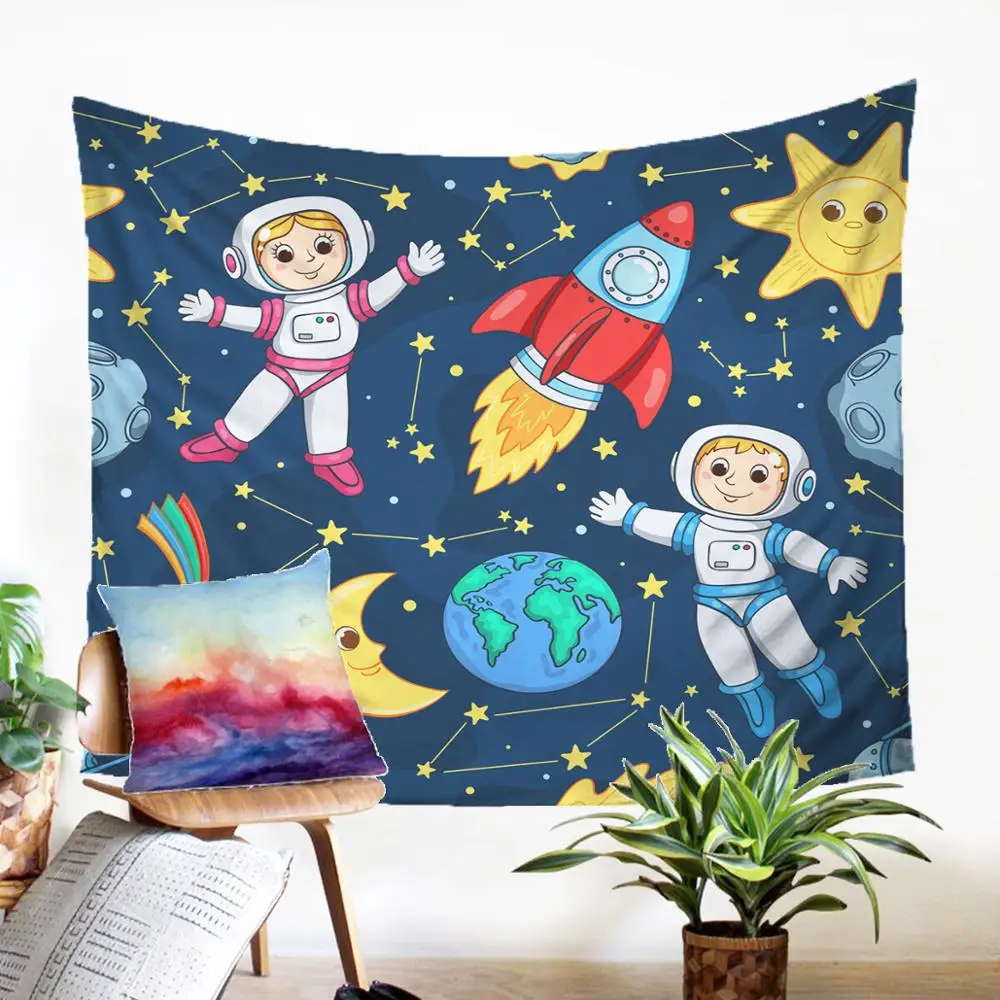 

Child-Oriented Wall Carpet Fabic Macrame Panel Children's Drawing Astronaut Pattern Tapestry Modern Home Decoration