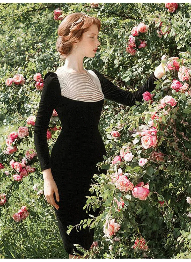 40-летнее женское классическое элегантное черное бархатное платье с жемчужным воротником размера плюс, платья в стиле ретро